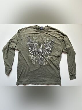 Y2K Mens Top Heavy Long Sleeve T-Shirt Green XL Eagle Graphic